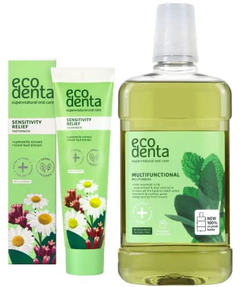 Ecodenta Mundhygiene-Kosmetik-Set I Zahnpasta mit Kalident, Kamillenextrakt, Nelkenextrakt 100ml und Antibakteriell Multifunktionelles - Mundwasser 500 ml I Mundpflegeset gegen Mundgeruch