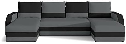 ALTDECOR Ecksofa in U-Form mit Schlaffunktion und Bettkasten mit Gasdruckfeder, Polstercouch Wohnlandschaft rückenecht gepolstert, ideal als Gästebett - Mario 307x146x85 cm - Grau/Schwarz