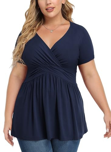 TIANZHU Plus Size Tunic Tops for Women Lightweight V-Neck Short Sleeve Baby Doll Tops with Empire Waist Casual Work Blouse, Navy Blue, Size 22-24