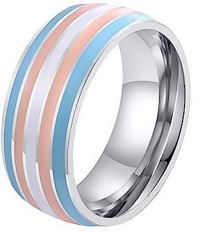 OAKKY Unisex 8mm Einzigartig Cool Emaille Bunte Streifen LGBT Homosexuell Stolz Ring Edelstahl Eternity Paar Hochzeit Band Transgender Größe 65 (20.7)