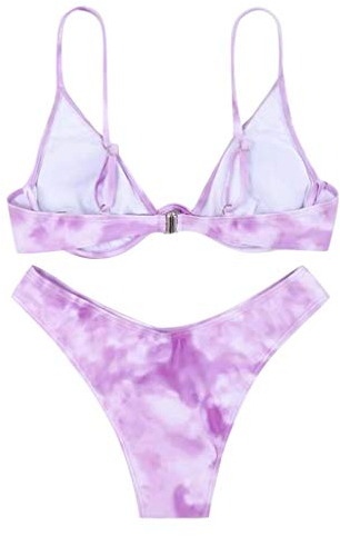 JiJiRuDU Damen Bikini Set Brasilianer Schnitt Tanga Bikini Badeanzüg Push Up Triangel Bikini Oberteil mit Dreieck Cup Spaghetti Zweiteilige Badebekleidung Batik Bikini Bademode(Lila,M)