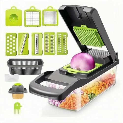 Hachoir à légumes, hachoir à oignons, hachoir professionnel 10 en 1, hachoir à légumes multifonctionnel et trancheuse, machine à dés, coupe-légumes réglable avec récipient