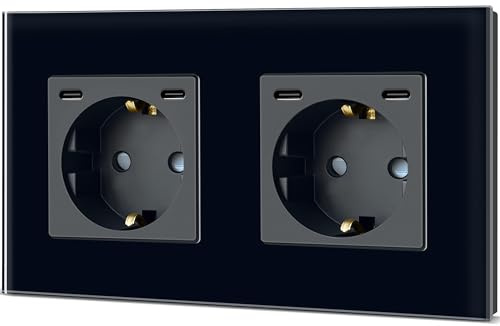 TAWOIA Schuko Steckdose mit C 20W, EU-Standard 2 Fach Unterputz Steckdosen mit Kristall Glas Platte Doppel Wandsteckdosen Schwarz 86 * 157mm