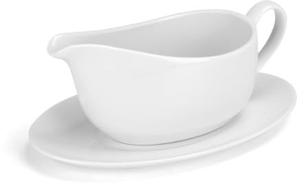 ShineMe Gravy Boat with Saucer, 14oz Porcelain Creamer Pitcher with Handle, White Serving Dishes for Holding Milk, Gravy, Sauce, Coffee Creamer, Salad Dressing...