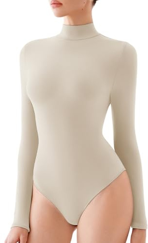 REORIA Women's Long Sleeve Bodysuits Mock Turtleneck Slim Tight Double Lined Basic Layering Body Suits Tops Fall Winter Outfits 2025(Nude Cream Medium)