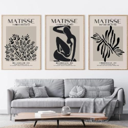 GKUVBF Henri Matisse, abstraktes Gemälde, minimalistische Illustration, Wandkunst, Leinwanddrucke, Vintage-Poster, Schwarz-Beige, Wanddekoration, 40 x 50 cm, 3-teilig, rahmenlos