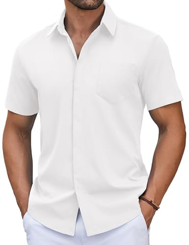 COOFANDY Mens Short Sleeved Shirts Casual Summer Shirts for Men UK Solid Beach Holiday Shirt with Chest Pocket Regular Fit White L