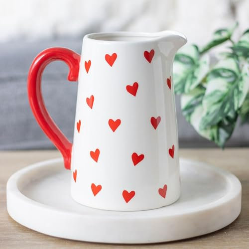 Valentine's Day White Flower Jug with Heart Print & Red Handle – Charming Decorative Vase for Blooms, Seasonal Décor, Elegant Centerpiece – Hand Wash Only, Not for Food or Drink Use