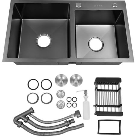 Fregadero doble de acero inoxidable, color negro, 78 x 43 x 22,5 cm, fregadero de cocina, 2 cuencos, incluye escurridor, dispensador de jabón, sifón y sobre