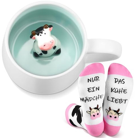 Nuenen 2 Pieces Cow Gifts Sets Unisex Cow Socks 3D Ceramic Coffee Mug Little Cow Inside Novelty Socks Cow Mug Handmade Figurine Milk Tea Cup for Women Men Friends Birthday Gifts