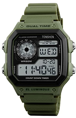 TONSHEN Herrenuhr 50M Wasserdicht Sportuhr LED Elektronik Digitaluhr Outdoor Militär Multifunktional Plastik Uhren und Kautschuk Band Armbanduhr (Grün)