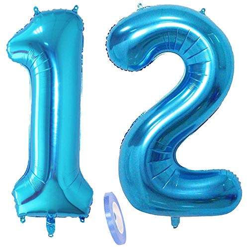 2 Luftballons Zahl 12, Nummer Luftballon Blau Mädchen Junge Jungs,40 Riesen Aufblasbar Helium Folienballon Blue Ballons Figuren für Geburtstag 12.Jahre Kinder Jungen Party Dekoration (xxxl 100cm)