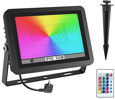 T-SUNUS Proyector LED RGB exterior 100 W, color foco LED para exterior de jardín, 16 colores, 4 modos con mando a distancia, impermeable IP65, para árbol de noche, bar o fiesta