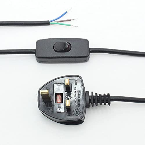 Black 3 Core Pre Made Cable with Inline Rocker Switch | 2.5 Metre Total Length | 3A Fused Moulded 3 Pin Plug | UK Approved | Table & Floor Lighting
