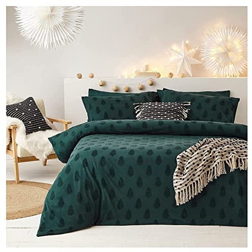 The Linen Yard Tufted Tree Duvet Cover Set, Percale, Pine Green, Single