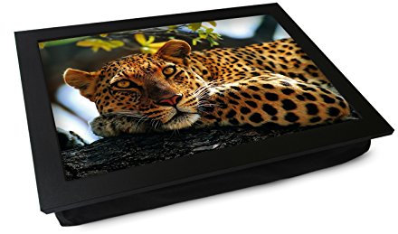 Extra Large Portable Lap Desk Tray (Leopard In A Tree) Wide Multi Purpose | Handmade Large Wooden Frame, Big Beanbag Cushion Bottom | Computers, Laptops, Meals, Food | 49.8cm | XL47 Black