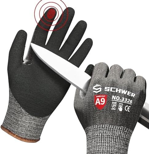 Schwer Schnittschutzhandschuhe LEVEL A9/F,erfüllt die höchsten US-amerikanischen und europäischen Normen für extremer Schnittschutz,PFAS-frei,langlebig,Rutschfest, haltbar, Touchscreen,schwarz,M