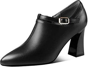 TinaCus Genuine Leather Women's Handmade Spool Heel Side Zip Up Pumps with Buckle Design, Black, 5.5
