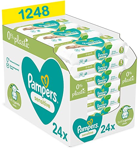 Pampers Lingettes Bébé Sensitive 0%, 1248 Lingettes (Lot de 24x52), Sans Parfum ni Alcool, Fibres d'origine végétale et 0% de Plastique, Testée Dermatologiquement, Convient aux Nouveau-nés