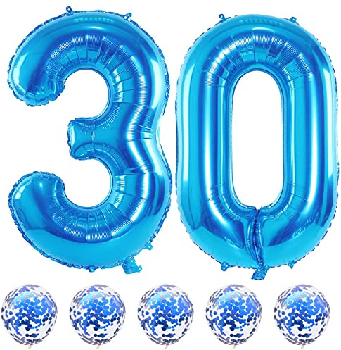 40 Inch Number 30 Foil Balloons, Large Digital 30th Birthday Balloons with Blue Confetti Helium Balloons, Number 0 and 3 Helium Balloons, Self Inflating for Men Women,