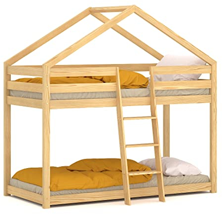 WNM Group Kinderbett 160x80 cm aus Natur Holz - Lisa Hochbett mit Sicherheitbarrieren - Massivholz Kinder Bett mit Lattenrost - Sicher Hausbett - Etagenbett für Jungen - Natürliche Kiefer