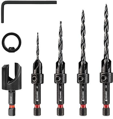EZARC Countersink Drill Bit Set 7pcs, 4Pcs Tapered Countersink Drill Bits for Wood, Wood Counter Sink Bits,1 Wood Plug Cutter, 1 Stop Collar, 1 Hex Wrench, Counter Sinker Drill Bit Set for Woodworking