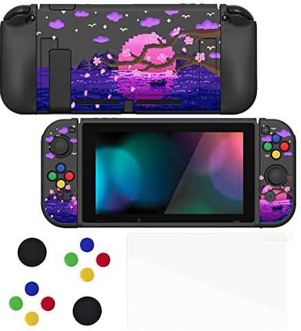 playvital ZealProtect Weiche Schutzhülle für Nintendo Switch Konsole Joy Con, Case Hülle Cover Zubehör für Switch mit Displayschutzfolie&Sticks Kappen&Tastenkappen(Pixel Moon Night)