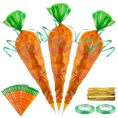 COLOFALLA 60 Stück Ostertüten zum Befüllen Ostern Karotte Kegel Geschenktüten Transparent Cellophantüten Zellophantüten Geschenktasche Süßigkeiten Mitgebsel Tüten Geschenke mit grün Bänder