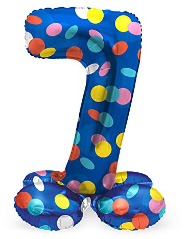 Folat 64787 Luftballon Geburtstag Stehender Ziffer Zahl 7 Colorful Dots Blau mit farbigen Punkten 41 cm - Decoration Geburtstagdeko, Ballon Zahl, Kein Helium erforderlich