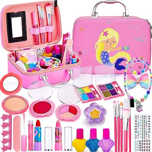 Lubibi Makeup Sets for Girls,24 Pcs Washable Real Make Up Kit with Mermaid Cosmetic Case, Non-Toxic Kids Makeup Set for Little Girls,Children Play Make-Up Toy Mermaid Gift Age 3 4 5 6 7 8 9