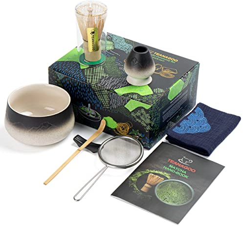 TEANAGOO Matcha Kit (7 piezas) Batidor de Matcha Mtacha Kit Cuenco para Matcha Batidor de bambú para matcha (chasen) cuchara soporte para batidor. N24, Blanco degradado