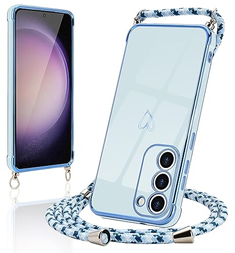 Micoden Coque pour Samsung Galaxy S23 5G Silicone avec Collier avec Motif Coeur d'amour Mignon Etui Housse avec Cordon Tour de Cou Lanière en Corde pour Samsung Galaxy S23 5G(Bleu)