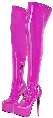 blingqueen Damen Stiefel High Heels Plateau Overknee Zipper Boots Stiletto Absatz Lackoptik Rosa 46 EU