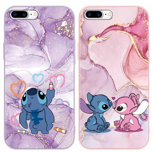2 Pack Cute Cartoon Case for iPhone 7/8 Plus 5.5, Kawaii Anime Character Movie Girly Marble Cover for Women, Girls and Kids, Soft TPU Shockproof Protective Funda in Purple Pink