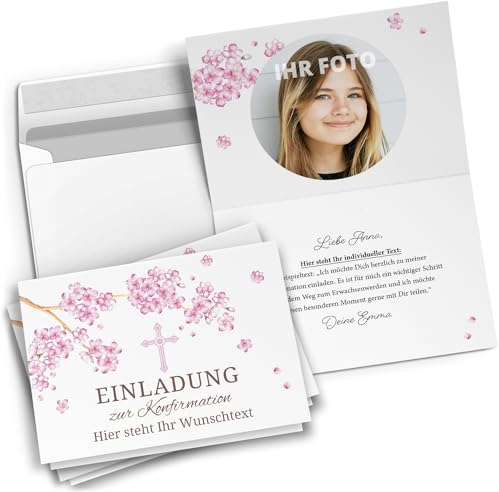 10 personalisierte Konfirmation Einladungskarten mit eigenem Text und Foto - Kreuz Kirschblüten - Einladungen zur Konfirmation mit Umschlägen Jungen und Mädchen