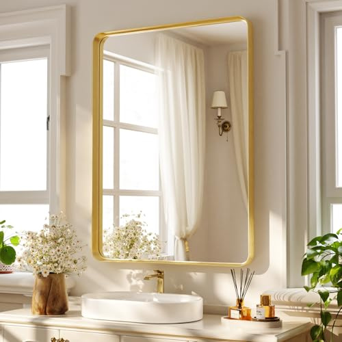 Koonmi rechteckiger Wandspiegel mit tiefem Rahmen 75 x 55 cm, Gold | Badspiegel mit abgerundeten Ecken, horizontal oder vertikal montierbar für Bad, Schlafzimmer, Wohnzimmer und Flur