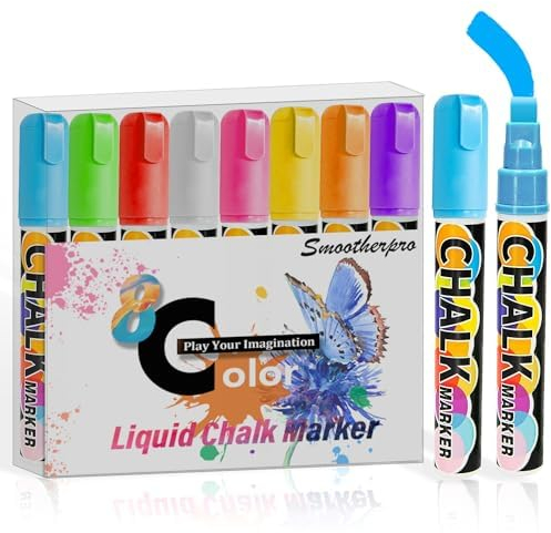 SMOOTHERPRO Rotuladores de Tiza Líquida 8 piezas Punta ancha de 10 mm, punta cuadrada gruesa Juego de marcadores de borrado en seco para ventana de carteles de pizarra (CMP108)