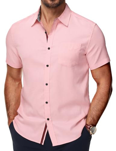 PJ PAUL JONES Chemises à manches courtes en coton pour homme - Coupe droite - Chemise d'affaires - Chemise d'été, rose clair, M