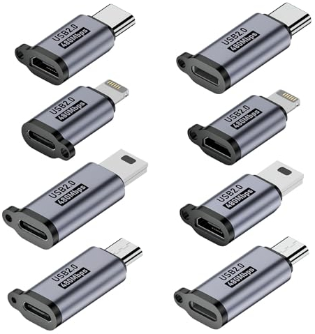 HENGBIRD Pack de 8 Adaptateur Lightning vers USB C, Adaptateur USB C, Mini USB vers USB C Micro USB vers USB C Connecteur Femelle vers mâle USB Compatible avec Navi Jouet Smartphones Tablettes iPhone