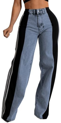 Angsuttc Jean taille haute pour femme avec rayures latérales patchwork