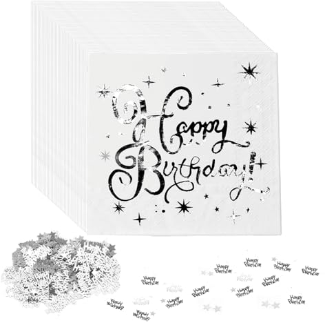 40 Pièces Serviette Papier, Serviettes de Table Happy Birthday Blanc Or Tissu Vaisselle Jetable Joyeux Anniversaire pour Fille Garçons Fête D'anniversaire Décoration Anniversaires Deco (Argent)