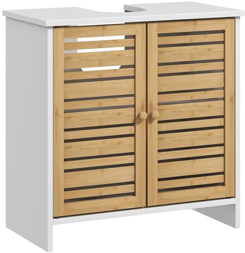 HOMCOM Mueble Bajo Lavabo Mueble para Debajo del Lavabo Moderno con Puertas Magnéticas de Bambú y Estante Ajustable 60x30x60 cm Blanco y Natural