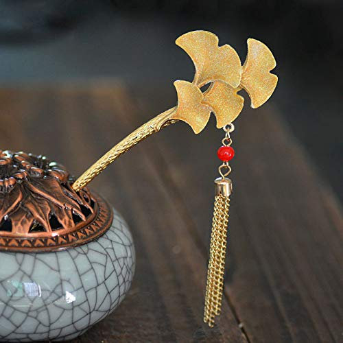 djgkENVQ Palillo del Pelo, Palillos for el Pelo con borlas Colgantes, Palillos Chinos for moños, Horquillas Vintage for el Pelo de Mujer, Palillos Decorativos con Hojas de Ginkgo(Yellow)