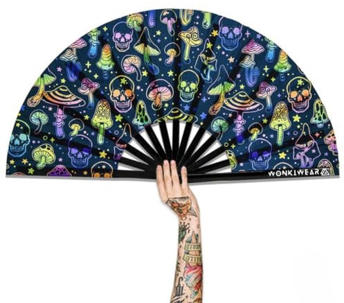 WONKIWEAR Fan, Folding Handheld, Glow UV Reactive Design, Large Strong Black Bamboo. Unisex for Raves, Festivals, Concerts, Drag, Gay Pride (UV Skulls and Mushrooms, Large)