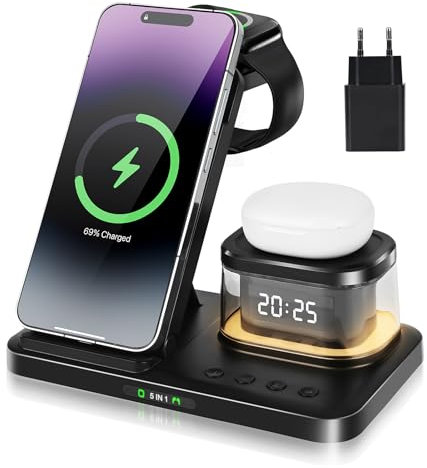 Gerbala Cargador Inalámbrica, 5 en 1 Estación de Carga Inalámbrica con Reloj y Luz de Noche para iPhone 16 15 14 13 12 Pro MAX Cargador Inalambrico Plegable para Apple Watch 9 8 7 6 y AirPods 3 2 Pro