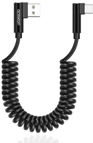 aceyoon Cable USB C Espiral, 3A 60W Cable USB C QC3.0 Carga Rápida y Sincronización de Datos Cable USB Tipo C de 90 Grados en ángulo, estirar de 0,3m a 0.8m