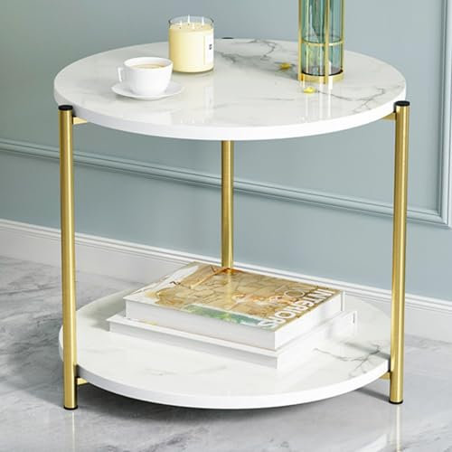 Shakub Beistelltisch rund,Couchtisch Rund Marmorimitat-Stil,Kleiner runder Tisch für Wohnzimmer,Korb aus Stoff,Stauraum,Beistelltisch mit 2 Ablagen für Wohnzimmer Schlafzimmer(Marmor Farbschema)