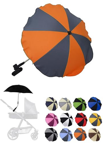BambiniWelt by Rafael K. Sonnenschutz universal [Sonnenschirm für Kinderwagen] Buggy UV Schutz 50+ mit Universalhalterung biegsamer Schirm für Rund- und Ovalrohre verstellbar (grau-orange)