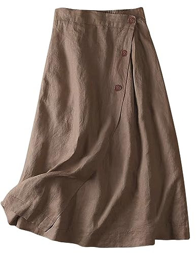 Gonna Lino Donna - Gonne Lunghe Estive Donna Vita Alta Casual Allentata Una Linea Mezza Gonna di Mezza Lunghezza Elastico in Vita Boho Solido Midi Gonne Estate Matita