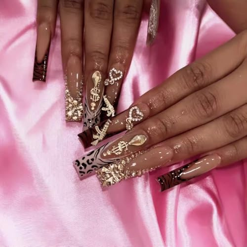 Press on Nails French,Fashion Long Pipe Type Gold Butterfly Fake Nails, Artificial Nails for Women and Girls -24 pcs